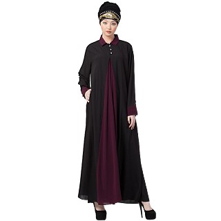 Collared Casual abaya - Black-Wine color